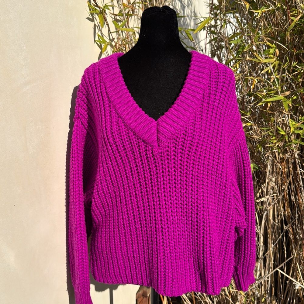 TOPSHOP Bold Oversize Chunky Knit V-Neck Bright Pink/Purple Sweater Size S